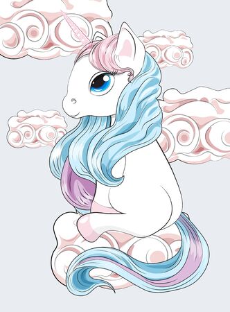 Magic white unicorn with a pink mane and a tail, and blue eyes, lies, in pink clouds.  Can be used for t-shirt print, kids wear fashion design, baby shower invitation card.のイラスト素材