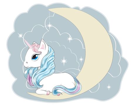 Magic white unicorn on the moon with a mane and a tail, and blue eyes, lies.  Can be used for t-shirt print, kids wear fashion design, baby shower invitation card.のイラスト素材