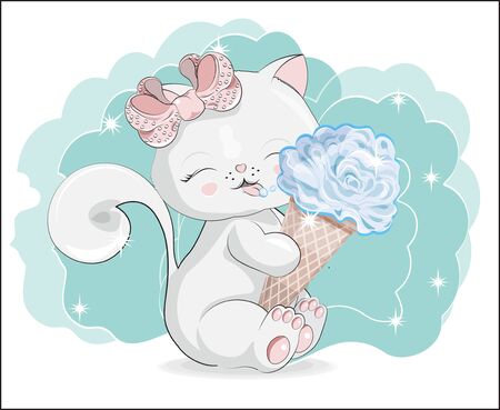 the lovely white cat, kitten, sits and smile, cat with ice cream.  Can be used for t-shirt print, kids wear fashion design, baby shower invitation card.のイラスト素材