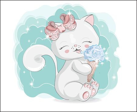 the lovely white cat, kitten, sits and smile, cat with ice cream.  Can be used for t-shirt print, kids wear fashion design, baby shower invitation card.のイラスト素材