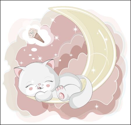 the lovely white honey cat, kitten, sleep and smile, cat with ice cream.  Can be used for t-shirt print, kids wear fashion design, baby shower invitation card.のイラスト素材
