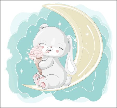 the lovely white honey bunny, rabbit, sits and smile, cat with ice cream.  Can be used for t-shirt print, kids wear fashion design, baby shower invitation card.のイラスト素材