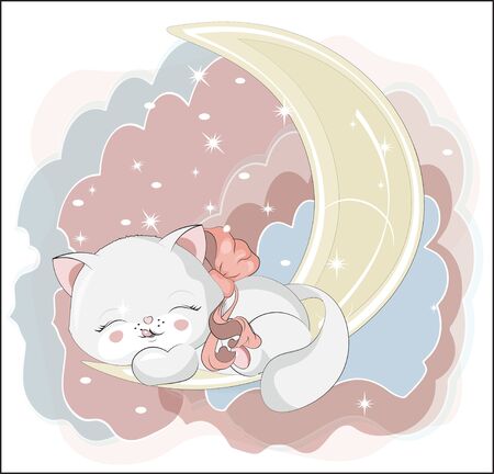 the lovely white honey cat, kitten, sleep and smile, cat on the moon  Can be used for t-shirt print, kids wear fashion design, baby shower invitation card.のイラスト素材