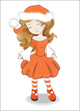Christmas little isolated girl in Santa Claus costume, with red hat and a white pompon. The picture in hand drawing style, can be used for party invitation, greeting card, t-shirt print, wear fashion design.のイラスト素材