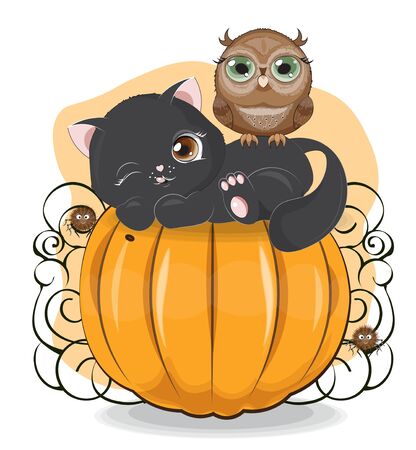 Halloween wink black cat. owl and spider on the pumpkin The picture in hand drawing cartoon style, can be used for t-shirt print, wear fashion design, greeting card,のイラスト素材