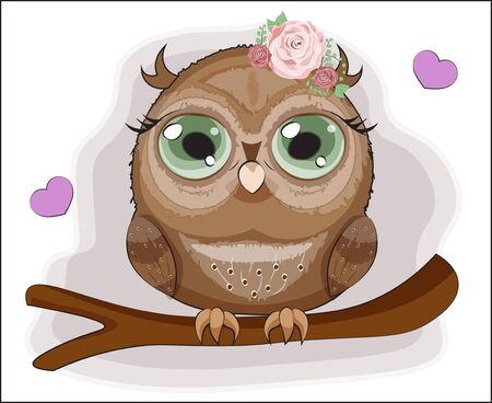 Baby Owl with green eyes, on a branch in pink flower roses. The picture in hand drawing cartoon style, can be used for t-shirt print, wear fashion design, greeting card, party invitationのイラスト素材