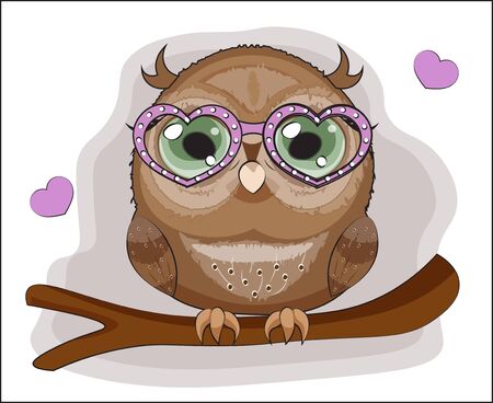 Baby Owl with green eyes, on a branch in pink heart glasses. The picture in hand drawing cartoon style, can be used for t-shirt print, wear fashion design, greeting card, party invitationのイラスト素材