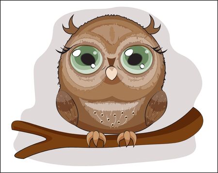 Baby Owl with green eyes, on a branch. The picture in hand drawing cartoon style, can be used for t-shirt print, wear fashion design, greeting card, party invatationのイラスト素材