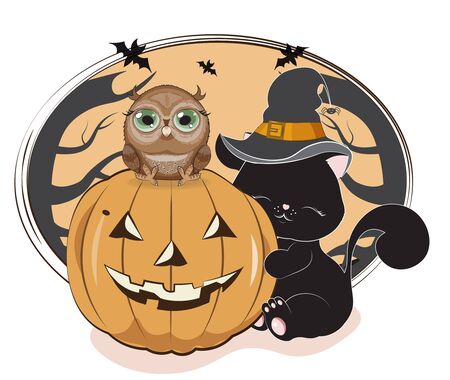 the lovely black cat, owl, kitten, in the witch hat with a spider, embraces pumpkin, the Halloween drawingのイラスト素材