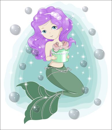 beautiful, charming little mermaid princess with gift. The picture in hand drawing style, Happy birthday card.のイラスト素材