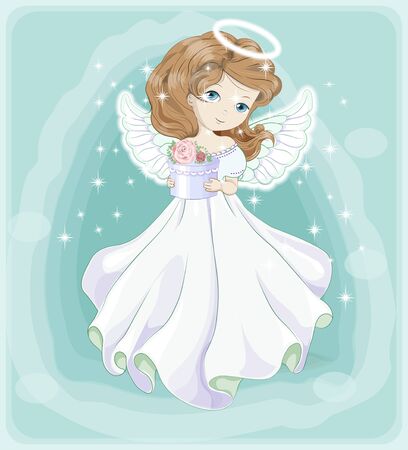 beautiful, charming little princess, Christmas angel, in white dress with gift. The picture in hand drawing style, Holiday and  Greeting card.のイラスト素材