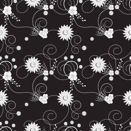 seamless flower pattern ornament, white chrysanthemums on a black background.. Can be used for fashion design printのイラスト素材