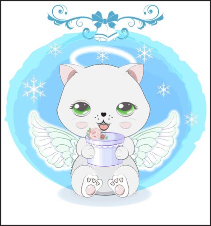 lovely cute white Christmas cat angel,  little kitten with gift. The picture in hand drawing styleのイラスト素材