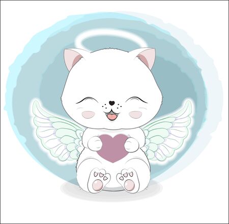 lovely cute white angel kitten little kitten wifh heart. Valentines Day card. The picture in hand drawing style, can be used for party invitation, greeting card, t-shirt print, fashion design のイラスト素材