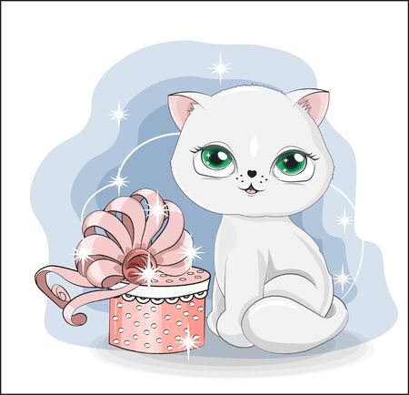 lovely white cat, kitten with gift box, decorated with bow. The picture in hand drawing style, for t-shirt print, wear fashion design, greeting card, baby shower.のイラスト素材