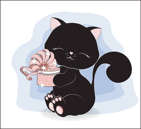 lovely black cat, kitten with gift box, decorated with bow. The picture in hand drawing style, can be used for t-shirt print, wear fashion design, greeting card, baby shower.のイラスト素材