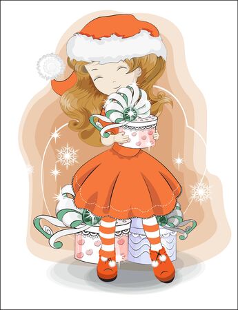 Christmas, New year little girl in Santa Claus costume, with red hat and a white pompon with gift. Picture in hand drawing style, for party invitation, greeting card.のイラスト素材