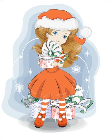 Christmas, New year little girl in Santa Claus costume, with red hat and a white pompon with gift. Picture in hand drawing style, for party invitation, greeting card.のイラスト素材