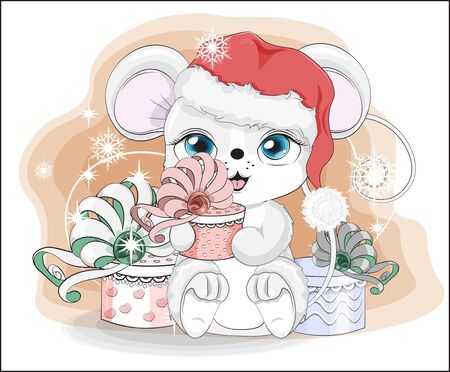 Happy new year little mouse, in Santa cap, with a gift in hands, in environment of snowflakes  Picture in hand drawing style. Mouse, rat, symbol of New year 2020. Merry Christmas, holiday card.のイラスト素材