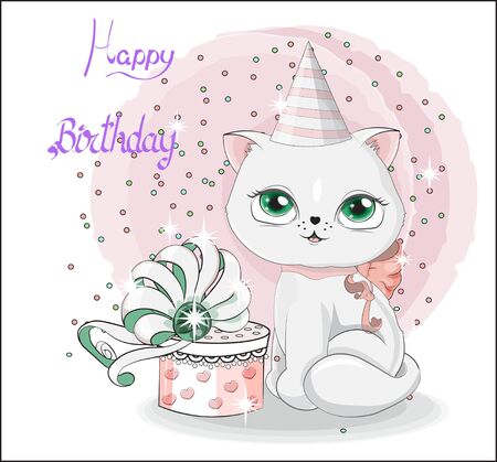 white cat in birthday hat, kitten with gift box, decorated with bow. The picture in hand drawing style, for Happy birthday greeting card.のイラスト素材