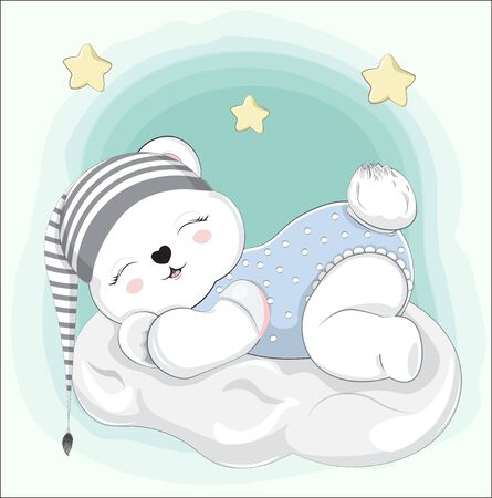 sleeping boy baby teddy bear on cloud in striped cap. Picture in hand drawing style for baby shower. Greeting card, party invitation, fashion clothes t-shirt printのイラスト素材