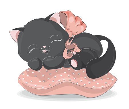 isolated sleepping black cat, little kitten in pillow. Picture in hand drawing cartoon style, for t-shirt wear print, fashion design, greeting card, party invitationのイラスト素材