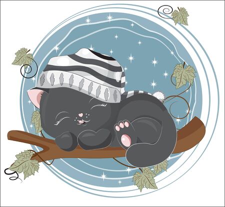 isolated sleepping black cat in striped cap, little kitten in branch. Picture in hand drawing cartoon style, for t-shirt wear print, fashion design, greeting card, party invitationのイラスト素材
