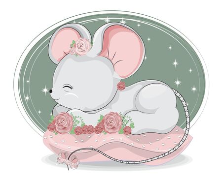 isolated sleepping baby mouse. rat in roses flowers, on pillow. Picture in hand drawing cartoon style, for t-shirt wear print, fashion design, greeting card, party invitationのイラスト素材