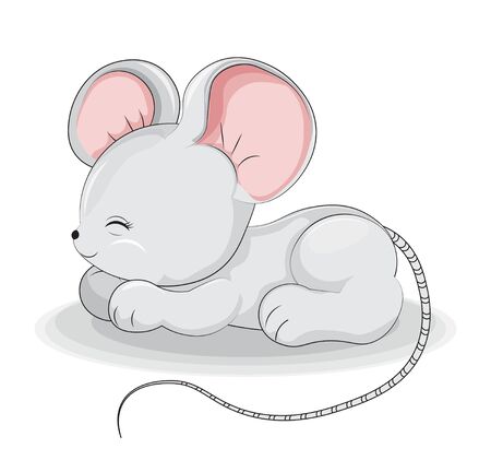 Little baby rat, mouse with big ears and striped tail, sweet dream sleeps, resting. New Year's Day 2020 symbol.のイラスト素材