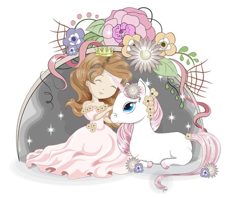 princess girl and Magic white unicorn, in flower garden. Picture in hand drawing style,  for t-shirt wear fashion print design, greeting birthday card. postcard, baby shower. party invitation.のイラスト素材