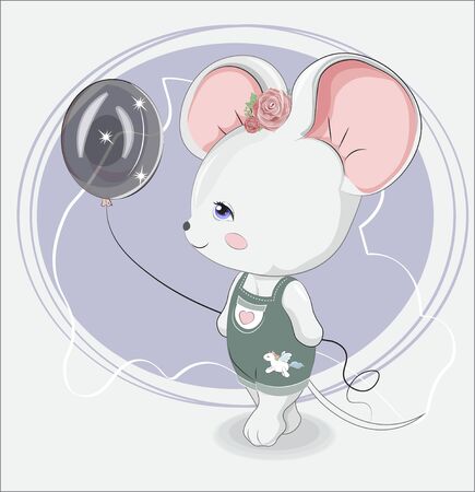 Little girl mouse with balloon in jeans with unicorn sticker. Picture in hand drawing style, for t-shirt wear fashion print design, greeting card, baby shower. party invitation.のイラスト素材