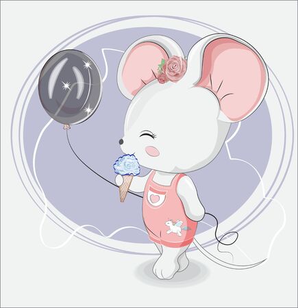 Little girl mouse with balloon and ice cream in jeans with unicorn sticker. Picture in hand drawing style, for t-shirt wear fashion print design, greeting card, baby shower. party invitation.のイラスト素材