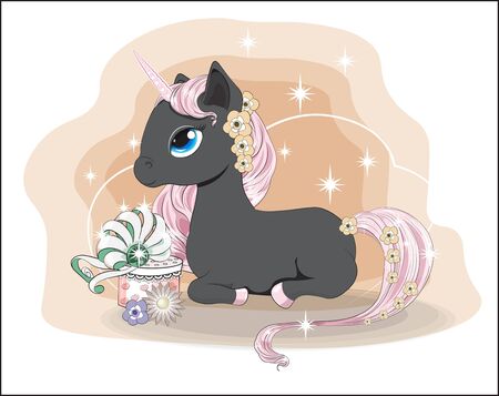 Magic black unicorn with pink mane and tail, blue eyes, in flower with gift.  Picture in hand drawing style, for t-shirt wear fashion print design, greeting card, baby shower. party invitation.のイラスト素材