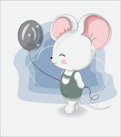 Little mouse with balloon in jeans. Picture in hand drawing style, for t-shirt wear fashion print design, greeting card, baby shower. party invitation.のイラスト素材