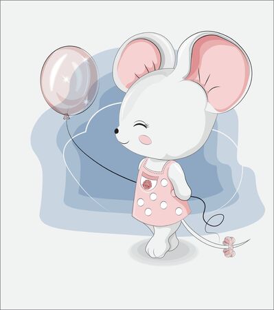 Little mouse with balloon in pink dress. Picture in hand drawing style, for t-shirt wear fashion print design, greeting card, baby shower. party invitation.のイラスト素材