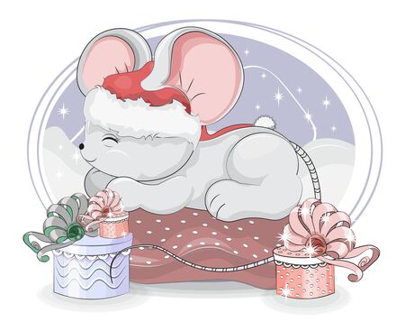 sleepping mouse. baby rat. symbol 2020 year in Santa cap, in pillow. Picture in hand drawing cartoon style, for Christmas or New year greeting card, party invitationのイラスト素材