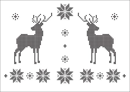 black snowflakes, flowers and deer, of a jacquard geometric pattern style. Picture in hand drawing style for wear print pattern, greeting New Year and Christmas cards.のイラスト素材