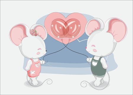 Little mouses couple boy and girl with balloons in jeans. Picture in hand drawing style, for t-shirt wear fashion print design, greeting. Valentine's Day card, party invitation.のイラスト素材