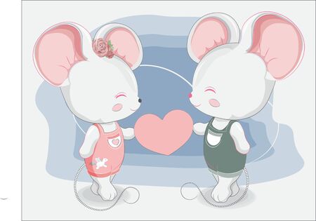 Little mouses couple boy and girl in jeans with pink heart . Picture in hand drawing style, for t-shirt wear fashion print design, greeting. Valentine's Day card, party invitation.のイラスト素材