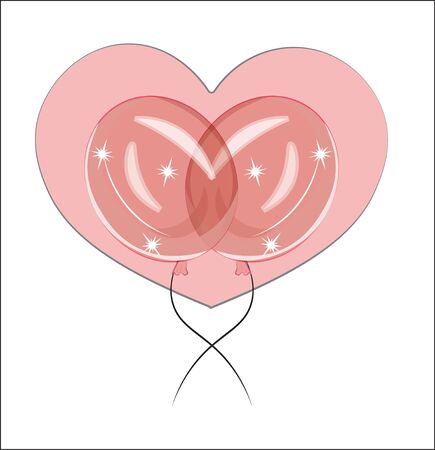 Pink balloons in front of pink heart, adorable cute love symbol. Picture in hand drawing cartoon style, for t-shirt wear fashion print design, greeting. Valentine's Day card, party invitation.のイラスト素材