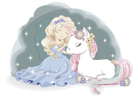 princess girl blonde and Magic white unicorn, in flower garden. Picture in hand drawing style,  for t-shirt wear fashion print design, greeting birthday card. postcard, baby shower. party invitation.のイラスト素材
