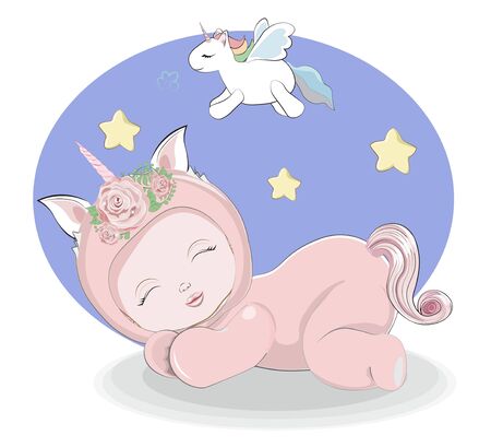 newborn sleeping girl or boy baby in unicorn plush Pajamas Sleepwear. Picture in hand drawing style for baby shower. Greeting card, party invitation, fashion clothes t-shirt printのイラスト素材