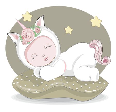 newborn sleeping girl or boy baby in unicorn plush Pajamas Sleepwear on pilow. Picture in hand drawing style for baby shower. Greeting card, party invitation, fashion clothes t-shirt printのイラスト素材