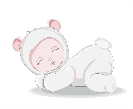 newborn sleeping girl or boy baby in teddy bear plush Pajamas Sleepwear on white bacground. Picture in hand drawing style for baby shower. Greeting card, party invitation, fashion clothes t-shirt printのイラスト素材