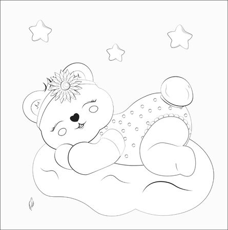 Coloring book sleeping girl baby teddy bear on cloud with flower. Picture in hand drawing style for baby shower. Greeting card, party invitation, fashion clothes t-shirt printのイラスト素材