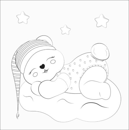 Coloring book sleeping boy baby teddy bear on cloud in striped cap. Picture in hand drawing style for baby shower. Greeting card, party invitation, fashion clothes t-shirt printのイラスト素材