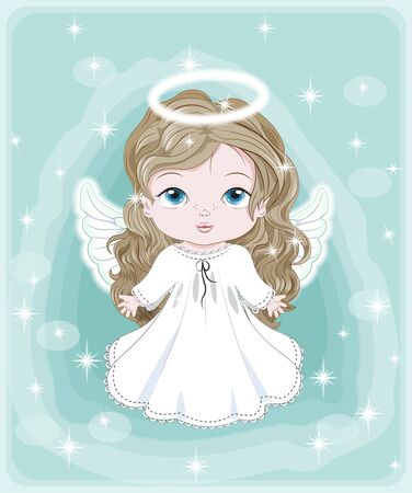 beautiful, charming little baby angel, in white dress. Picture in hand drawing cartoon cute style, for Christmas and New year. Holiday Greeting card. postcard. party invitation.のイラスト素材