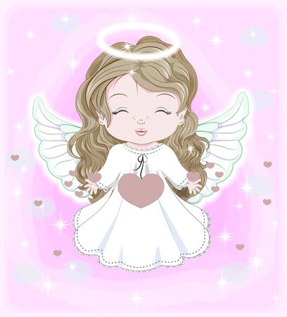 beautiful, charming little baby angel, in white dress with hearts. Picture in hand drawing cartoon cute style, for Christmas and New year. Valentines day. Holiday Greeting card. postcard. party invitation.のイラスト素材