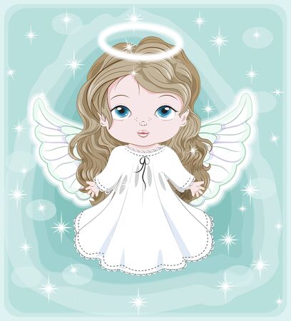 beautiful, charming little baby angel, in white dress. Picture in hand drawing cartoon cute style, for Christmas and New year. Holiday Greeting card. postcard. party invitation.のイラスト素材