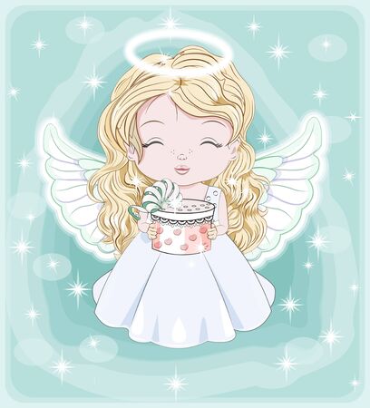 beautiful, charming little baby angel, in white dress with gift. Picture in hand drawing cartoon cute style, for Christmas and New year. Holiday Greeting card. postcard. party invitation.のイラスト素材